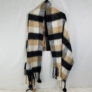 Plaid Fringe Tassel Scarf Wrap Shawl Acrylic Beige‎ Black White BCBGMAXAZRIA